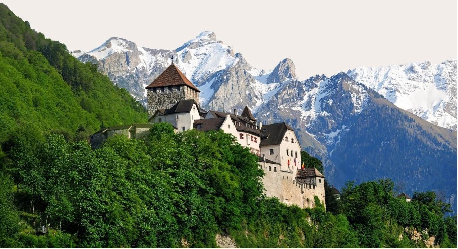 Eine weitläufige, historische Burganlage mit weißen Mauern und dunklen Dächern thront auf einem bewaldeten Hügel. Im Hintergrund ragen steile, schneebedeckte Berggipfel unter einem hellen Himmel auf. Die Hänge im Vordergrund sind dicht mit sattgrünen Bäumen bewachsen, was einen starken Kontrast zum kargen Fels der Alpen bildet.